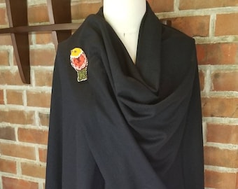 Navy Wool Shawl with Handmade Nordic Folk Art Bird Brooch from Fabric Remnants- Custom made from Shanna Britta