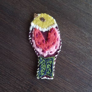 Nordic Folk Art Bird Brooch - Handstitched by Shanna Britta