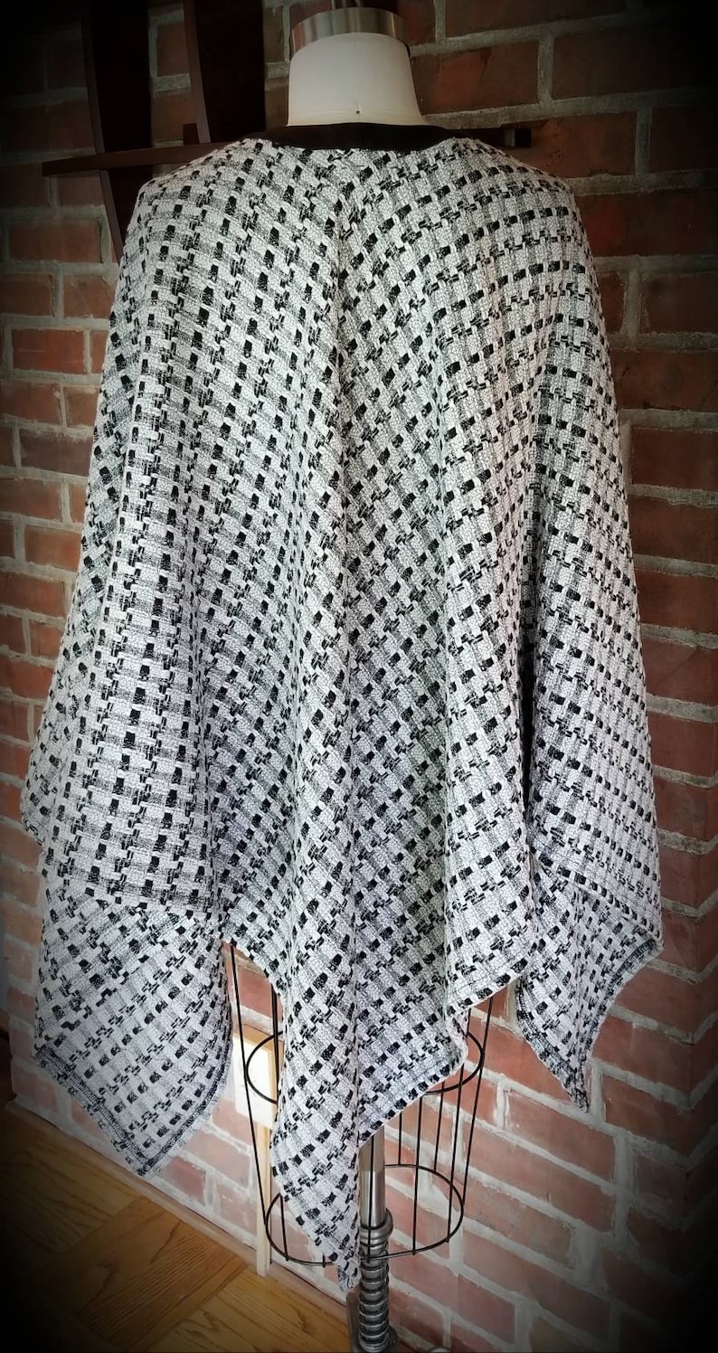 Custom Made by Shanna Britta Cowl Neck Poncho in Whisper White and Black Geometric Wool Knit