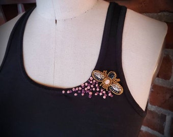 Beaded Bee Tank with Hand Embroidered Flowers French Knots #SAVETHEBEES Charity - Shanna Britta