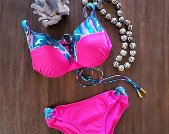 The ULTIMATE Custom Bikini with Molded Underwire Bra, Luxury Designer Swimwear Pink Teal Palm Leaves - Custom made by Shanna Britta