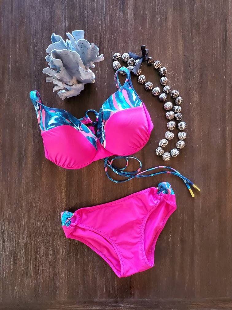 The ULTIMATE Custom Bikini with Molded Underwire Bra, Luxury Designer  Swimwear Pink Teal Palm Leaves - Custom made by Shanna Britta