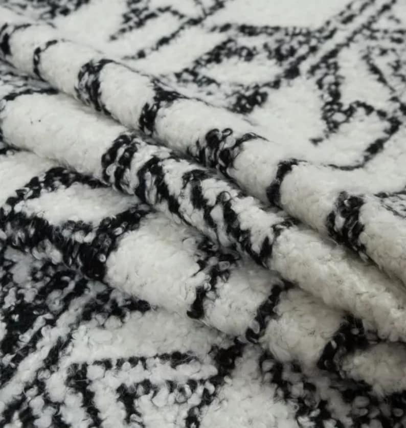Custom Made by Shanna Britta Cowl Neck Poncho in Whisper White and Black Geometric Wool Knit