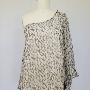 Designer One Shoulder Top Black Grey Ivory Silk Chiffon Blouse- Custom made by Shanna Britta