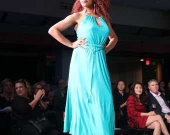 Turquoise Stone Maxi Dress/ Racer Back Trim Stone Dress/ Rayon Jersey Tassel Dress - Custom Made by Shanna Britta