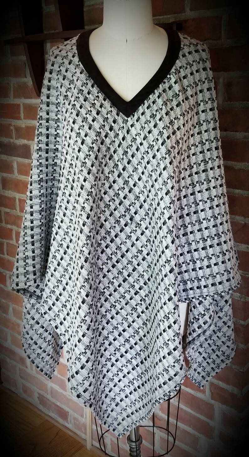 Custom Made by Shanna Britta Cowl Neck Poncho in Whisper White and Black Geometric Wool Knit