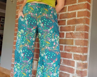 Flowy Palazzo Pant with smocked elastic waist made in Floral Rayon Challis - Custom Made by Shanna Britta