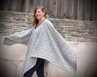 Black and White Tweed Cape Poncho with Suede Neckline