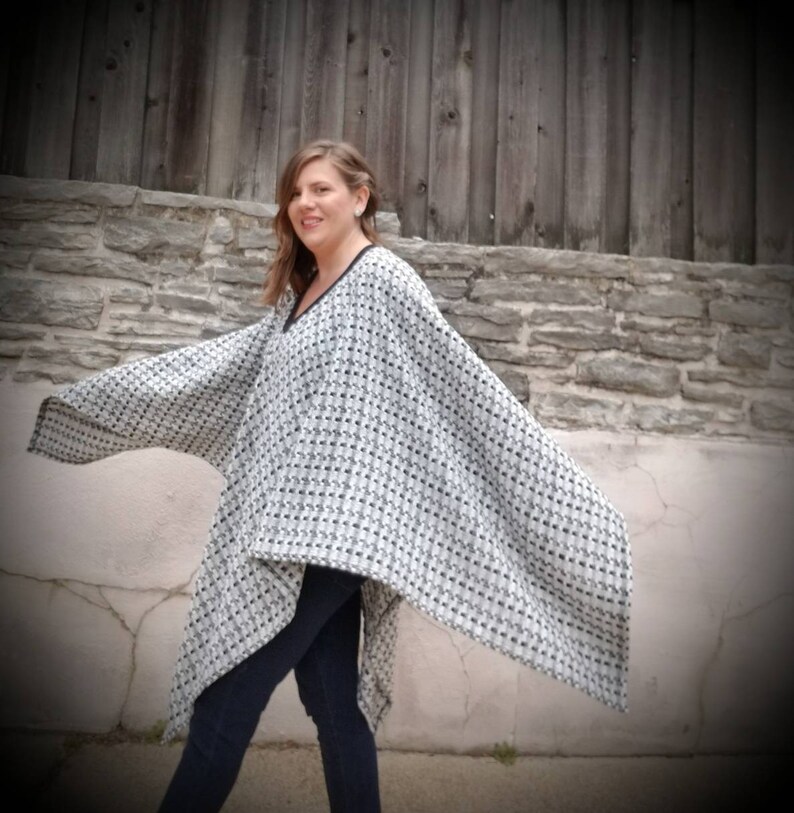 Custom Made by Shanna Britta Cowl Neck Poncho in Whisper White and Black Geometric Wool Knit