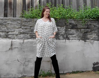 Flowy Tunic Dress, Cowl Draped in Black and Cream Ikat - Custom Made by Shanna Britta