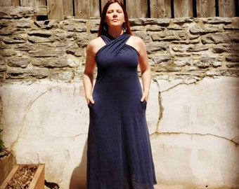 Criss Cross Draped Linen Dress Navy  - Custom made by Shanna Britta