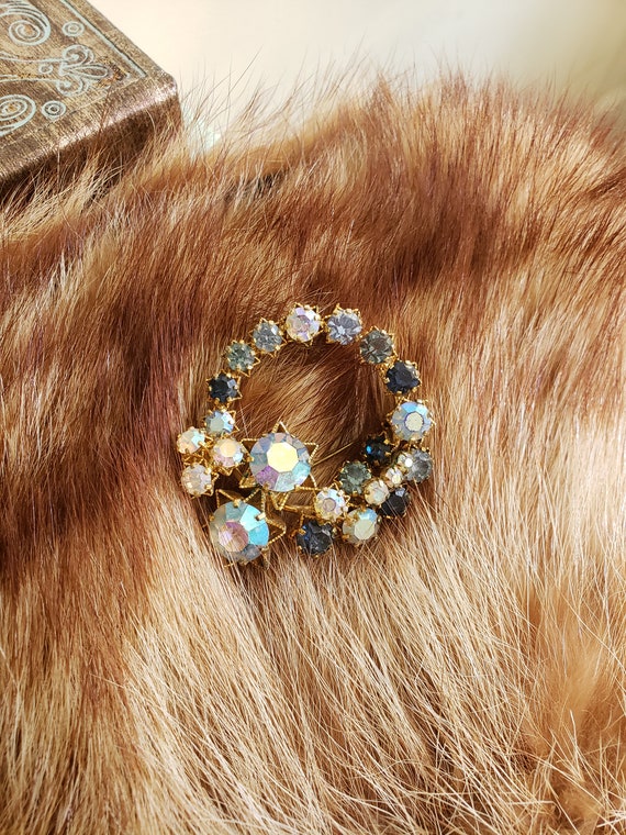1960s brooch with blue and opal rhinestones