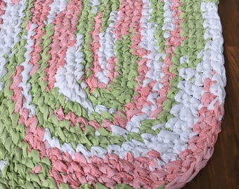 40"x26" Green, Pink and White, Hand Crocheted Oval Rag Rug, Little Girl's Nursery Rug, Girl's Bedroom Rug, Hand Braided Custom Rag Rug