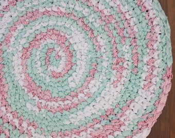 34" Pastel Mint Green, White and Coral Hand Crocheted Oval Rag Rug, Girl's Bedroom Rug, Beach Coastal Nautical Theme, Nursery Rug, Throw Rug
