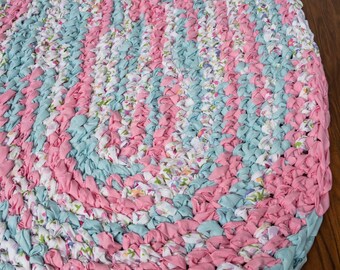 40"x 26" Pink, Aqua and White, Hand Crocheted Oval Rag Rug, Braided Rug, Girl's Bedroom Rug, Little Girl's Nursery Rug, Crochet Rug