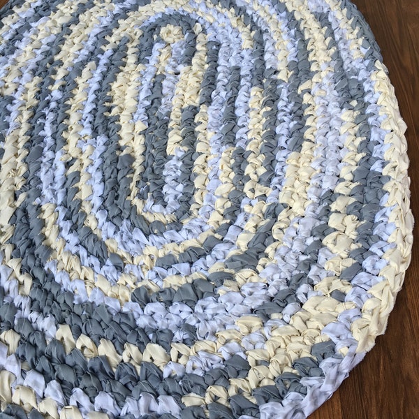 42"x30" Yellow and Gray Rug, Hand Crocheted, Oval Rag Rug, Kitchen Rug, Bedroom Rug, Crochet Rug, Braided Rug, White and Gray Rug, Throw Rug