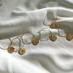 6 BEIGE/GOLD Letter Enamel Wine Charms | 6 Gold Tone Hoops |  6 Letter Charms | Wine Charm Set | Wine Gift | Gift | Charm Set | Wine Charm