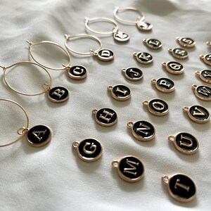 6 BLACK/GOLD Letter Enamel Wine Charms | 6 Gold Tone Hoops |  6 Letter Charms | Wine Charm Set | Wine Gift | Gift | Charm Set | Wine Charm