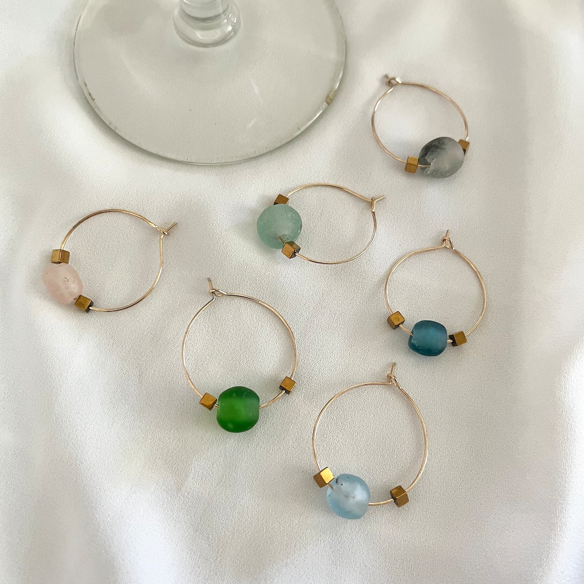 Recycled Glass Wine Charms: Gold Tone Hoops, Set of 6 - Etsy