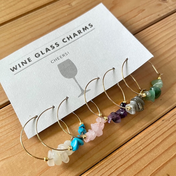 Wine Charms | Gemstone Beads Wine Charms | 6 Gold Tone Hoops |  6 Gemstone Charms | Wine Charm Set | Wine Gift | Gift | Gift Set | Charm Set