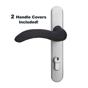May include: A silver door handle with a black handle cover. The text "2 Handle Covers Included!" is displayed above the handle. The handle has a keyhole and a curved lever.