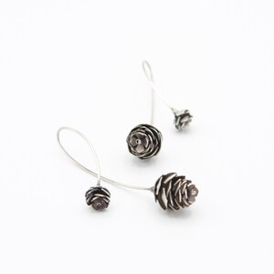 Pinecone Bloom Earrings, Drop and Threader Earrings, sterling silver, handmade