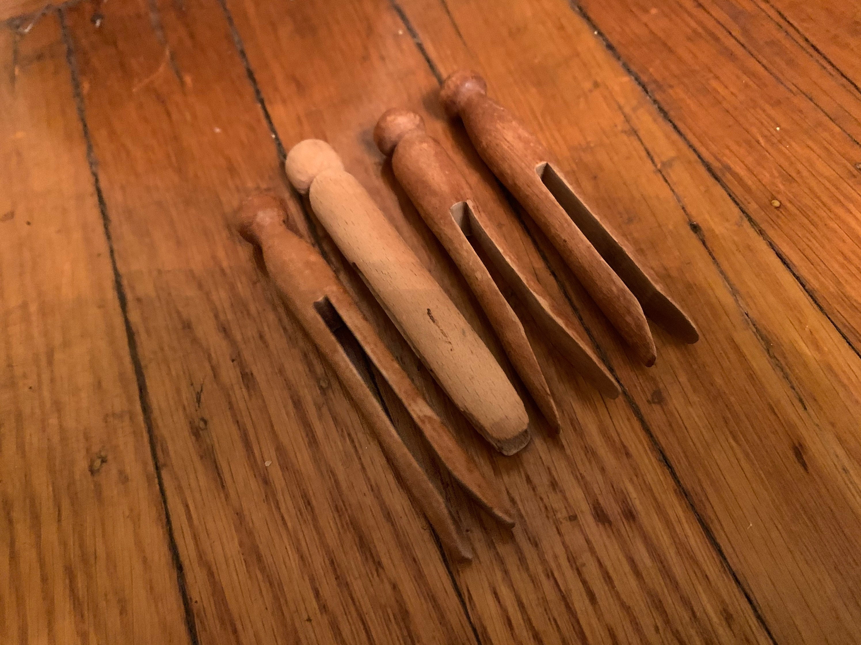 20 Vintage Flat Wooden Clothes Pins in Hand Carved Wooden Bowl