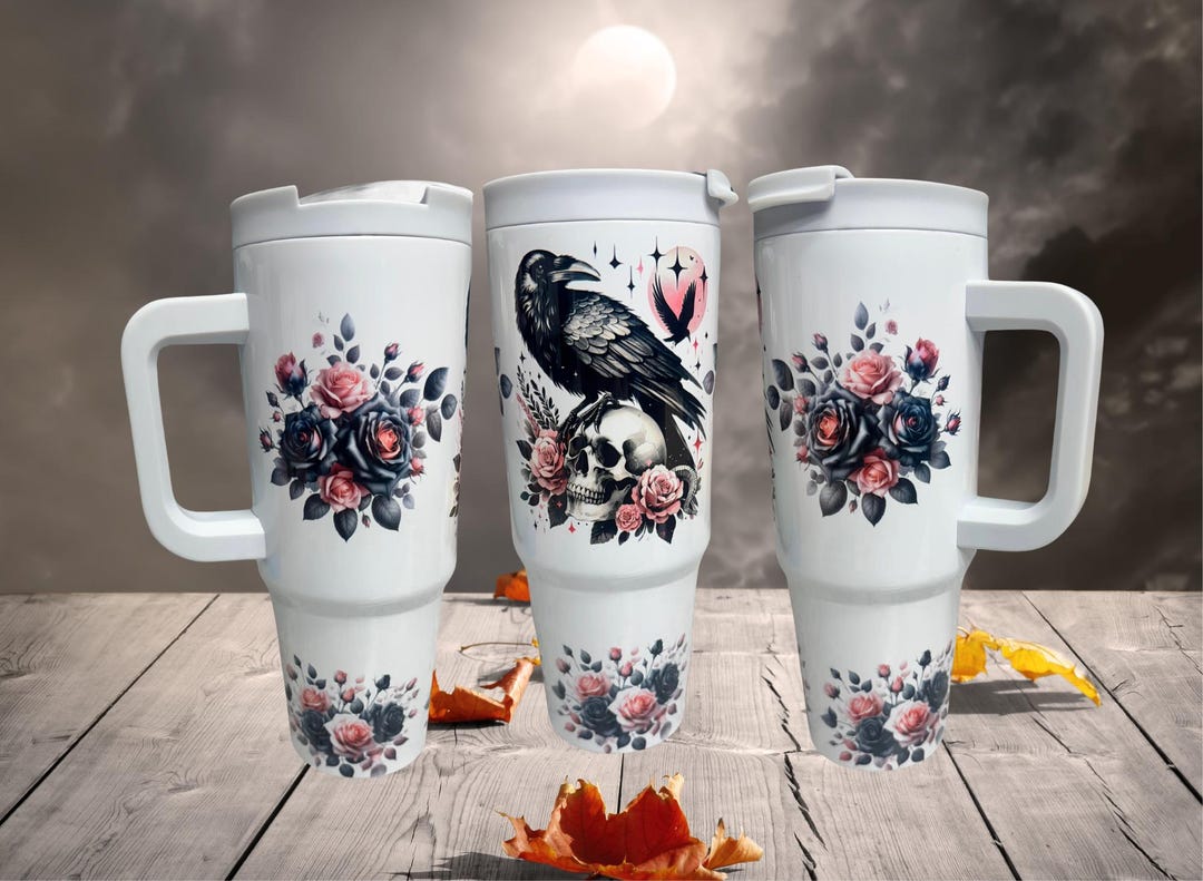 Skull Raven & Peonies Tumbler