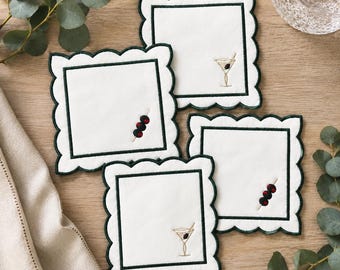 Embroidered Cocktail Napkins, Scalloped Linen Martini Party Napkins