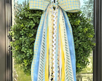 Blue Yellow Gingham Summer Ribbon Bow Wreath Porch Decor Front Door Decor Year Round Coastal Home Grandmillennial Beach House Lake House