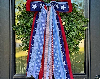 Patriotic Wreath Bow Red Navy Light Blue Star Ribbon Bundle Front Door Summer Porch Decor Fourth of July Gift Idea