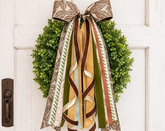 Corona de lazo de hojas marrones para otoño, decoración de porche, puerta principal, otoño, Acción de Gracias, cosecha, cinta verde bordada, terciopelo dorado, neutro, de temporada