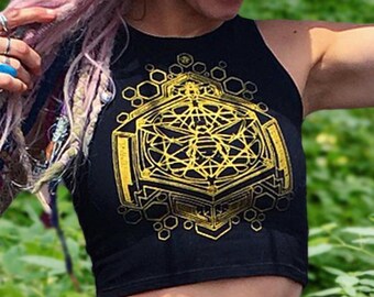 Golden Sacred Geometry Honey Bee Crop Top - Hand Made Women's Yoga Shirt