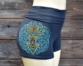 Geometric Deer Shorts - Sacred Geometry Shorts - Glow in the Dark Yoga Shorts - Black Women's Shorts -  Festival Shorts - Roll Top Shorts