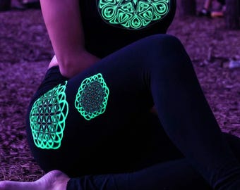 Flower of Life Chakra Leggings - Glow in the Dark Sacred Geometry Leggings - Women's Yoga Leggings - Festival Clothing - Black Leggings
