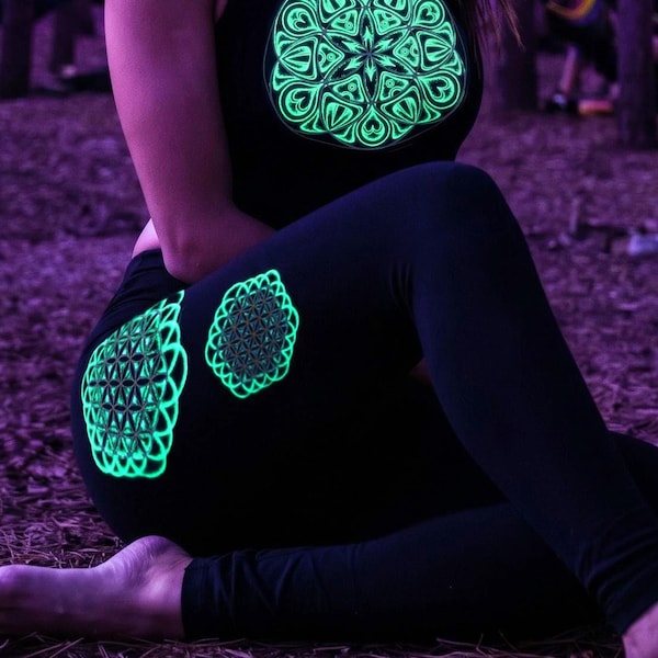Glow in the Dark Heilige Geometrie Leggings – Blume des Lebens Chakra Yoga Hose