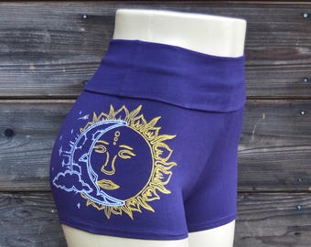 Purple Sun and Moon Shorts – Glow in the Dark Moon Phases, High Waisted