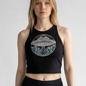 Top corto UFO Alieno che si illumina al buio - Top corto nero - Top corto aderente da donna - Top corto Disco volante - Canotta UFO Alieno - Portami a casa