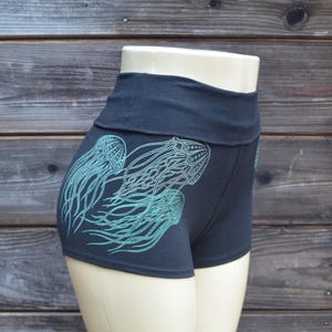 Glow in the Dark Psychedelic Jellyfish Yoga Shorts - Jellyfish Yoga Clothing - Women's Festival Shorts - High Waisted Black Yoga Shorts