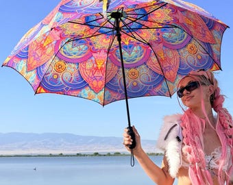 Psychedelic Mandala Umbrella – Hand Drawn Boho Festival Sun Parasol, Beach Shade