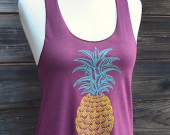 Geometric Pineapple Tank Top – Metallic Gold Green Print, Tri-Blend Fabric