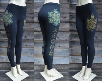 Platonic Crystal Leggings - Glow in the Dark Sacred Geometry Leggings - Black Leggings - Metatron's Cube Leggings- Yoga Leggings