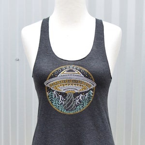 Glow in the Dark Alien UFO Tank Top - Women&#39;s Racerback Tank Top - Flying Saucer Tank Top - Alien UFO Clothing - Glow in the Dark Moon Phase