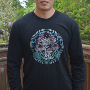 Metallic Mushroom Long Sleeve T Shirt - Mens Black Long Sleeve Shirt - Mens Festival Clothing - Sacred Geometry Mens Clothing