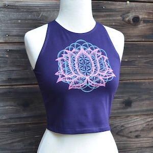 Glow in the Dark Flower of Life and Lotus Flower Design  - Purple Crop Top - Women&#39;s Yoga Crop Top - Sacred Geometry Crop Top - Yoga Wear