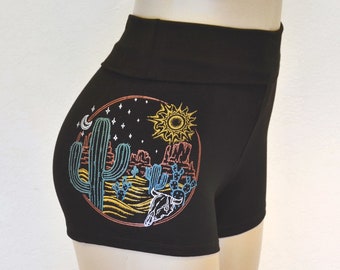 Desert Cactus High Waisted Hot Shorts - Women's Yoga Shorts - Festival Shorts - Sacred Geometry Shorts - Women's Roll Top Shorts