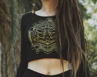 Golden Sacred Geometric Honey Bee Long Sleeve Crop Top