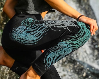 Glow in the Dark Jellyfish Full Leg Leggings - Yoga Leggings - Women's Black Leggings - Women's Festival Leggings - Jellyfish Yoga Pants