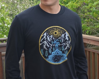 メンズ マウンテン ウォーターフォール 長袖Tシャツ – 手刷りネイチャーTシャツ