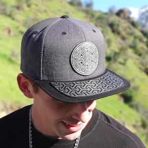Seed of Life Snapback Hat - Metallic Silver Sacred Geometry Hat Brim - Heady Snapback Hat - Festival Headwear - Geometric Leather Patch